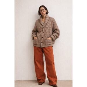 LL Bean Oversized Fisherman Cable Knit Sweater Shawl Collar Tan Wool Linen Large